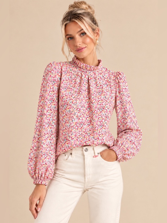J. Crew Tops - J. Crew Liberty Ditsy Floral Ruffle Stand Collar Blouse Pink Long Sleeve Top